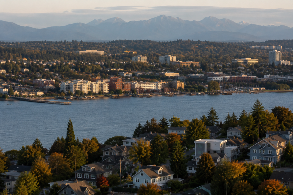 **Alt text:** Vista panorâmica de uma cidade da região de Puget Sound à beira da água, com bairros residenciais, prédios de diferentes alturas e montanhas ao fundo sob luz natural.