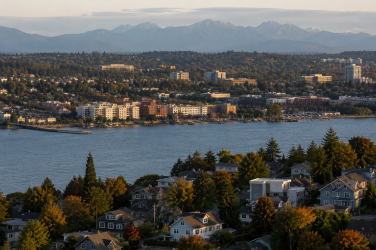 **Alt text:** Vista panorâmica de uma cidade da região de Puget Sound à beira da água, com bairros residenciais, prédios de diferentes alturas e montanhas ao fundo sob luz natural.