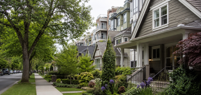Bairro residencial no Puget Sound com casas e árvores.