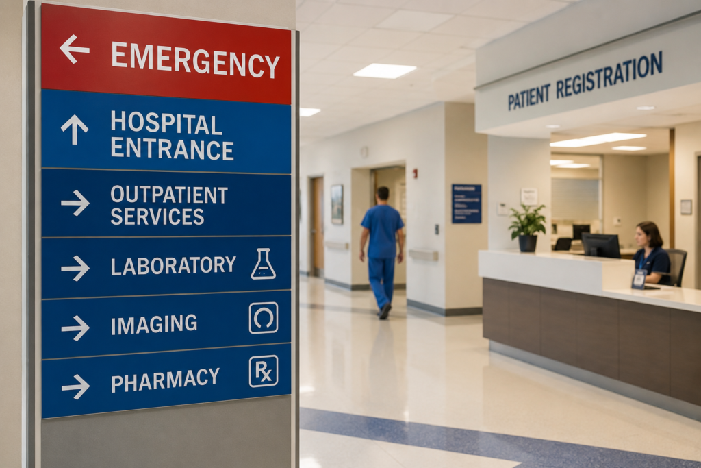 **Alt text:** Corredor de um hospital nos Estados Unidos com recepção, profissionais de saúde e placas de orientação para diferentes setores do atendimento.
