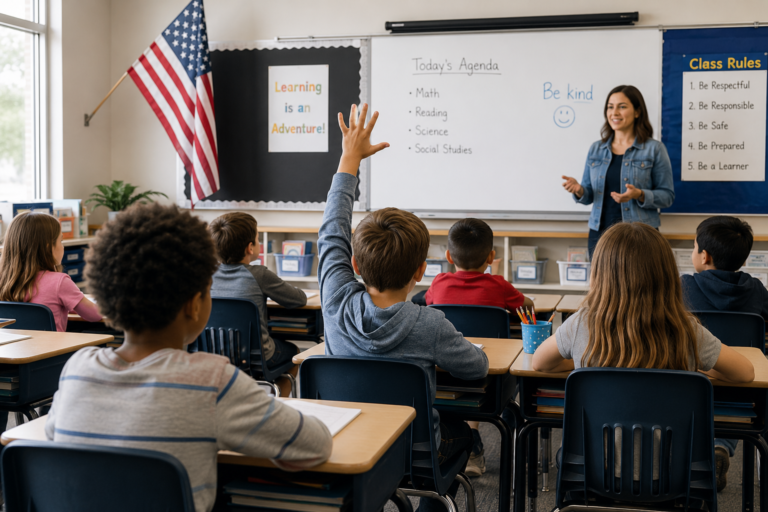 **Alt text:** Sala de aula em uma escola dos Estados Unidos, com alunos sentados em suas carteiras enquanto um estudante levanta a mão para responder à professora durante a aula.