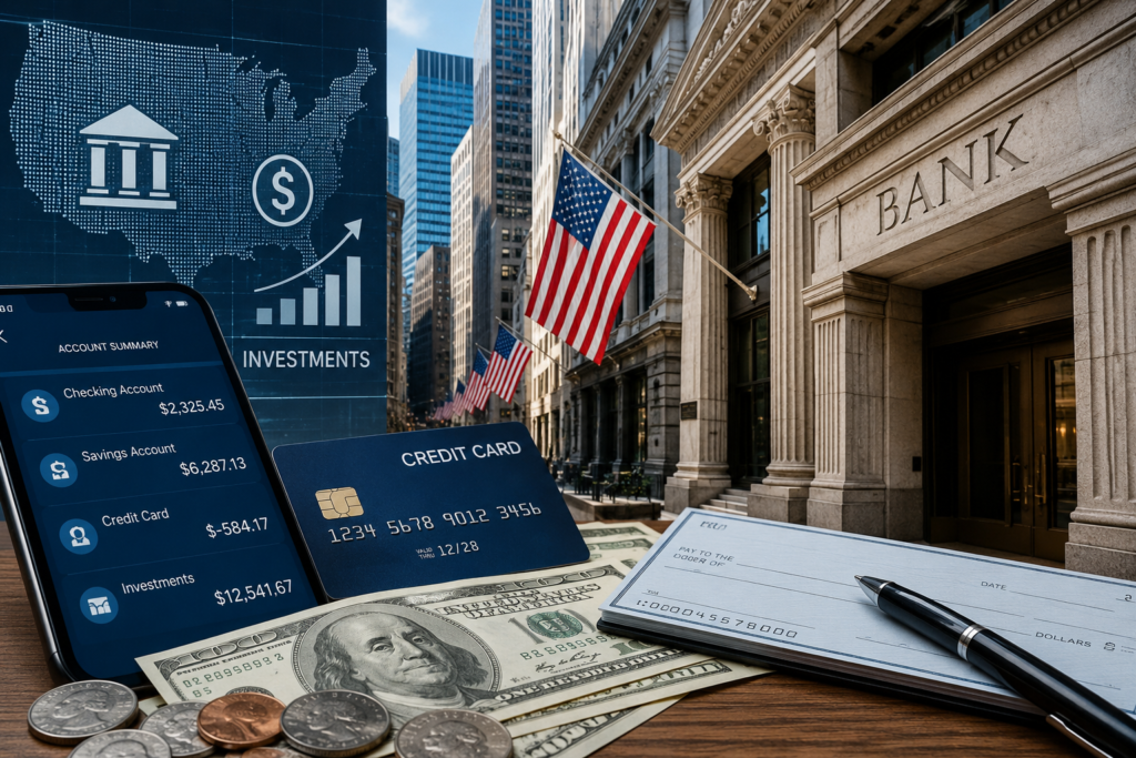 **Alt text:** Notas e moedas de dólar, cartão bancário, smartphone com aplicativo financeiro e prédio de instituição financeira em um centro urbano dos Estados Unidos.
