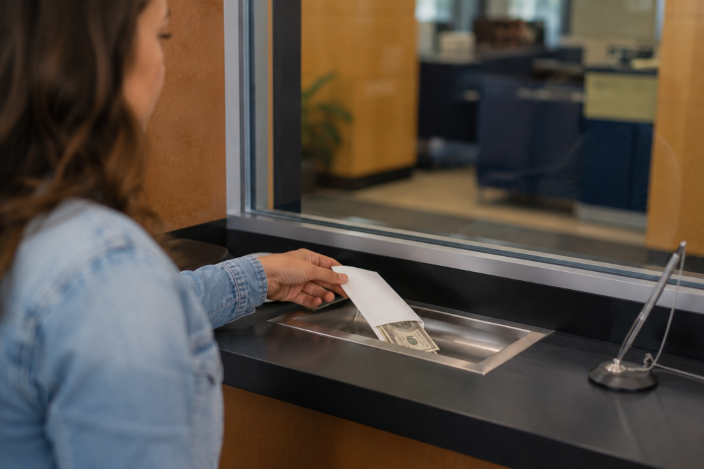Cliente realizando um depósito em dinheiro em uma conta bancária em uma instituição financeira nos Estados Unidos.