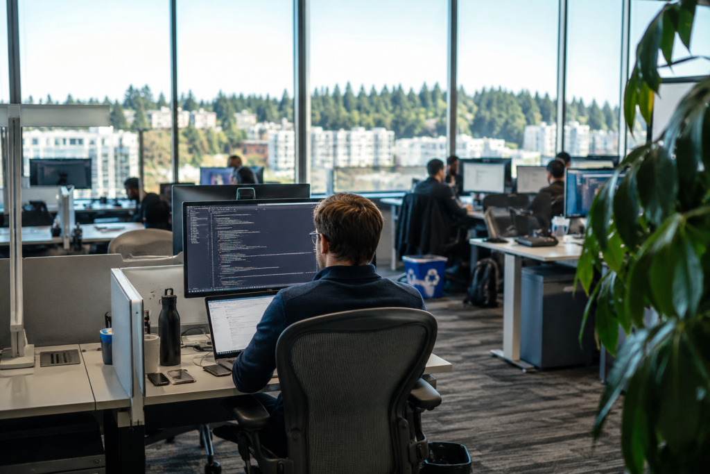 Escritório moderno nos Estados Unidos com profissionais trabalhando em um ambiente corporativo de plano aberto, representando o mercado de trabalho americano.