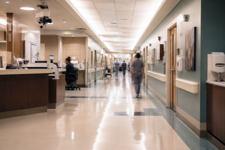 Corredor de hospital moderno nos Estados Unidos com equipe médica ao fundo e ambiente clínico iluminado