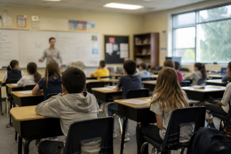 Sala de aula de uma escola nos Estados Unidos com estudantes em diferentes etapas da educação básica, representando os níveis de ensino do sistema educacional americano.