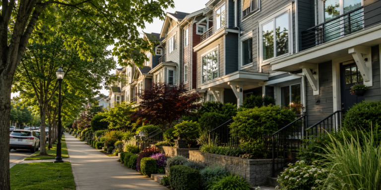 Bairro residencial no Puget Sound com casas e árvores.