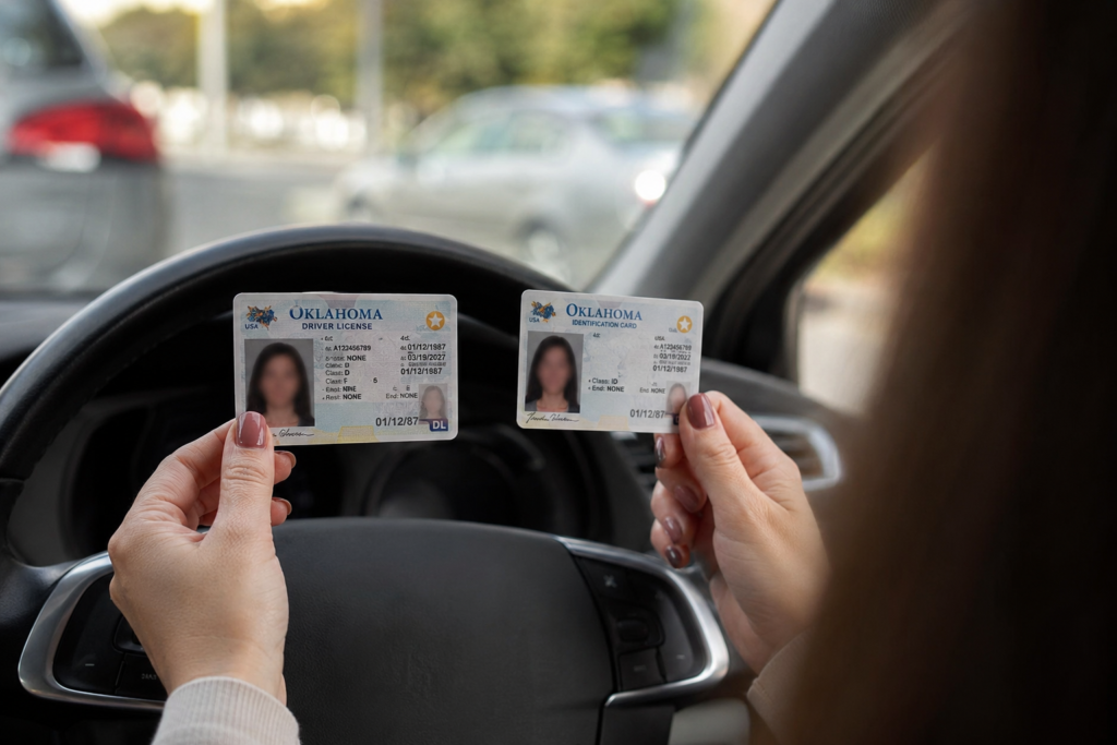 Carteira de motorista e documento de identidade estadual sendo comparados dentro de um carro, destacando que ambos servem como identificação, mas apenas a carteira de motorista permite dirigir veículos.