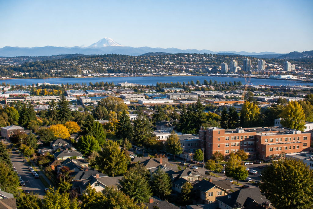 Vista panorâmica de bairros residenciais, áreas comerciais, trecho de água e cidades interligadas da região metropolitana de Seattle, com montanhas ao fundo em um dia de céu limpo.