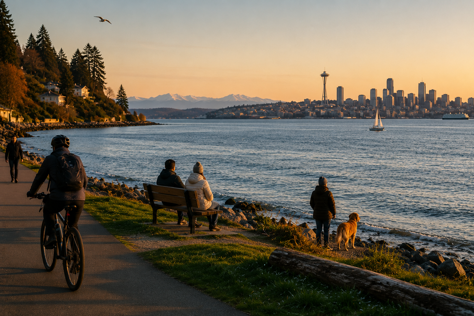 Pessoas aproveitando uma área à beira-mar no Puget Sound