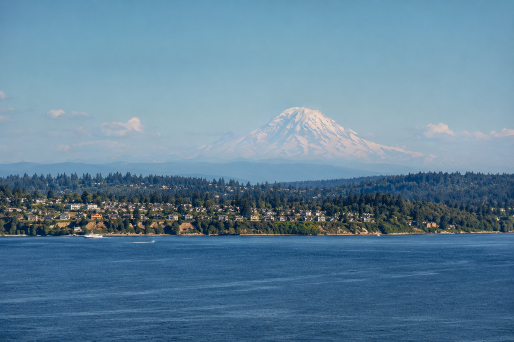 **Alt text:** Vista panorâmica do Puget Sound com águas calmas, áreas residenciais arborizadas e uma montanha coberta de neve ao fundo em um dia de céu limpo.