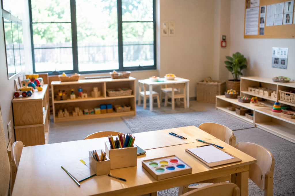 Sala de educação infantil nos Estados Unidos com mesas infantis, materiais de aprendizagem e ambiente escolar iluminado por luz natural.