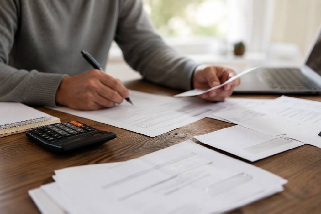 Pessoa organizando documentos fiscais em uma mesa com formulários, calculadora e computador portátil, representando a identificação tributária nos Estados Unidos.