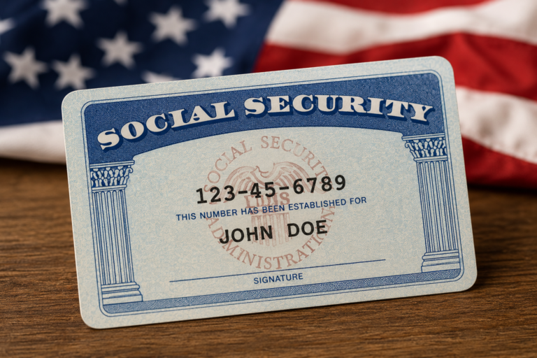 **Alt text:** Cartão de Social Security dos Estados Unidos sobre uma superfície de madeira, com a bandeira americana desfocada ao fundo.