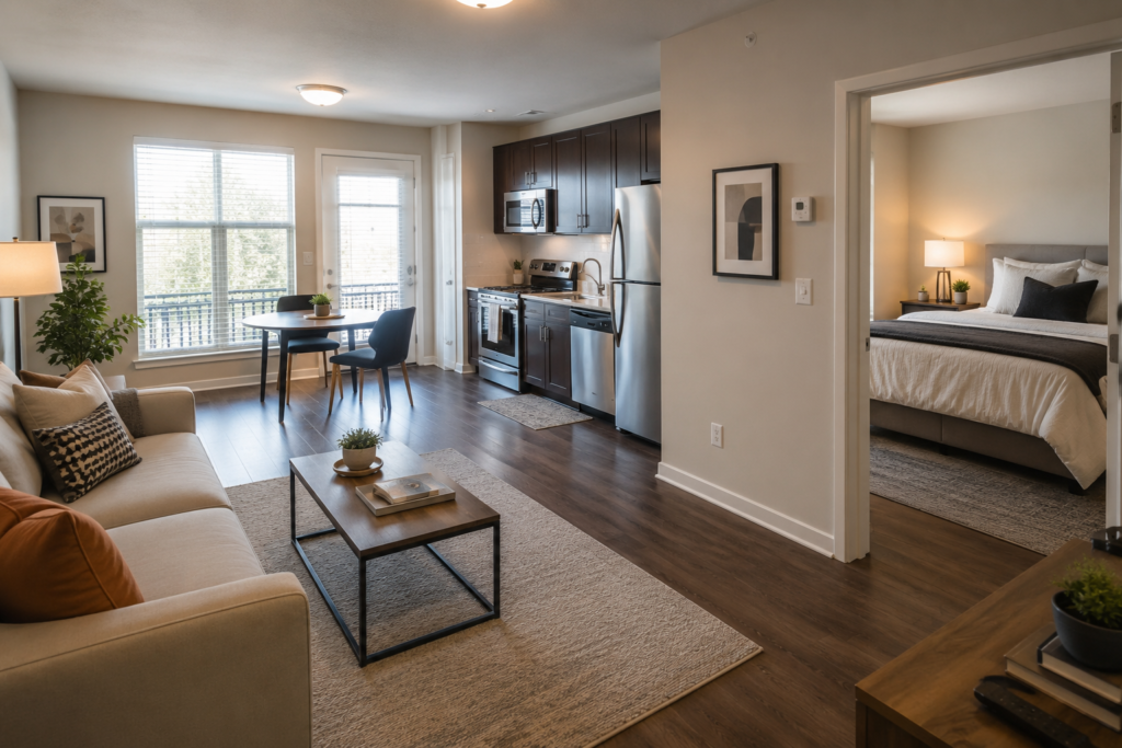 Interior de um apartamento de um quarto com sala, cozinha e dormitório separados em uma residência nos Estados Unidos.