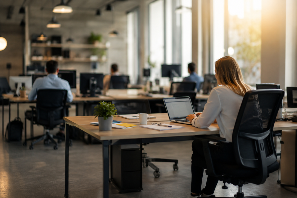 Escritório moderno nos Estados Unidos com funcionários trabalhando em um ambiente corporativo, representando uma relação de emprego e um contrato de trabalho.