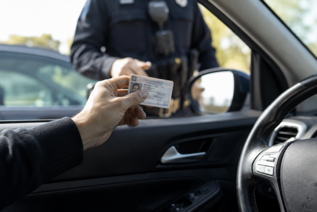 Pessoa entregando uma carteira de motorista pela janela de um carro durante uma abordagem de trânsito nos Estados Unidos, com o policial desfocado ao fundo.