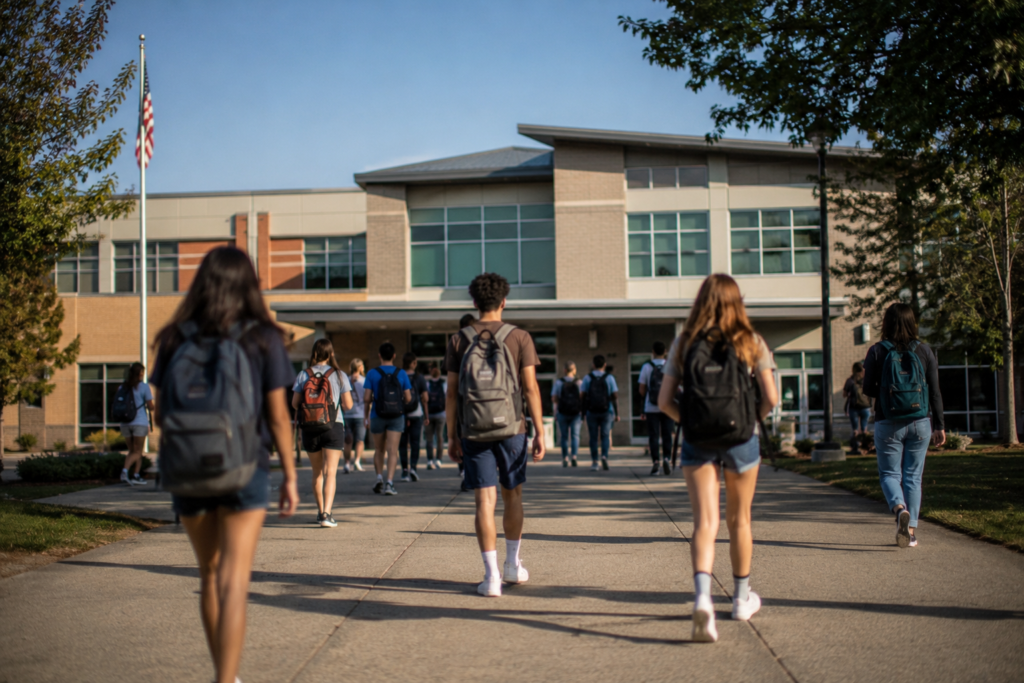 Estudantes caminhando pelo campus de uma escola pública nos Estados Unidos em direção ao prédio principal durante o horário de aula.