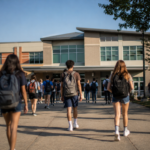 Estudantes caminhando pelo campus de uma escola pública nos Estados Unidos em direção ao prédio principal durante o horário de aula.