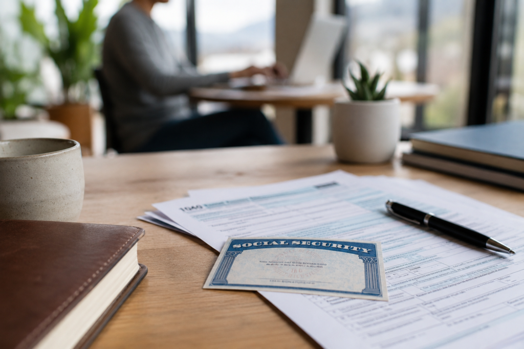 Cartão de Social Security sobre documentos de identificação e formulários em uma mesa de trabalho, com uma pessoa desfocada ao fundo usando um laptop em um ambiente iluminado por luz natural.
