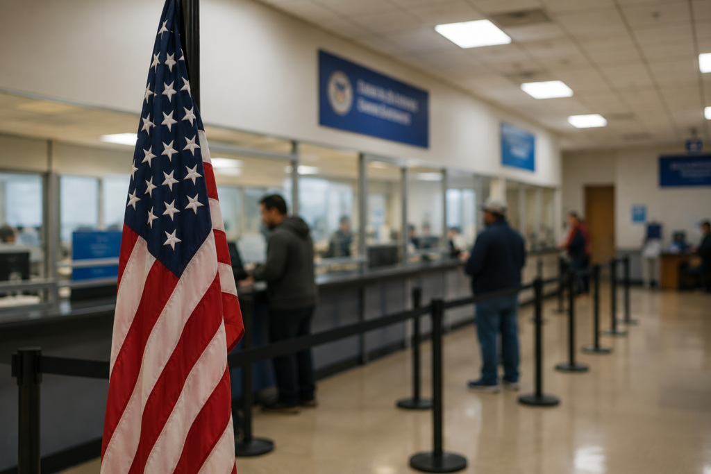 Fila de atendimento em um escritório de serviços públicos nos Estados Unidos, com pessoas desfocadas aguardando atendimento e uma bandeira americana em destaque.