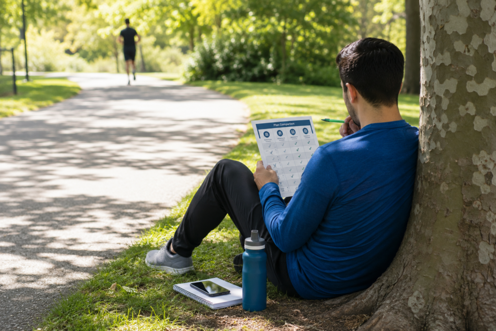 Homem sentado à sombra de uma árvore em um parque, comparando informações sobre diferentes opções de plano de saúde.
