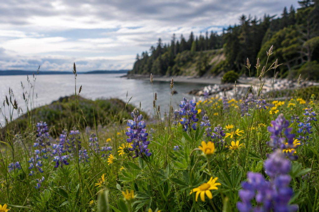 Flores silvestres desabrochando na costa do Puget Sound durante a primavera, com vegetação verde, enseada arborizada e céu parcialmente nublado ao fundo.