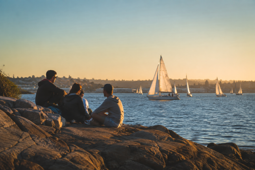 Grupo de pessoas aproveitando uma tarde de verão às margens do Puget Sound enquanto veleiros navegam sob céu limpo e luz dourada.