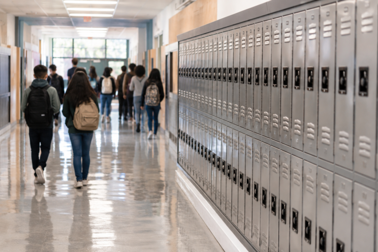 Estudantes caminhando por um corredor de escola pública entre as aulas, com armários escolares ao longo da parede.