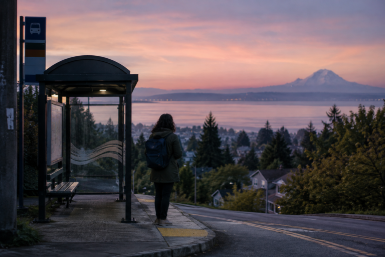 Passageiro aguardando em um ponto de ônibus com abrigo ao entardecer, em uma rua com vista para o Puget Sound, antes do embarque no transporte público.