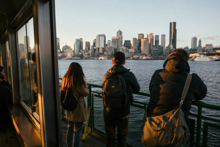 Pessoas em uma balsa observam a área urbana de Seattle durante um deslocamento pela região do Puget Sound.