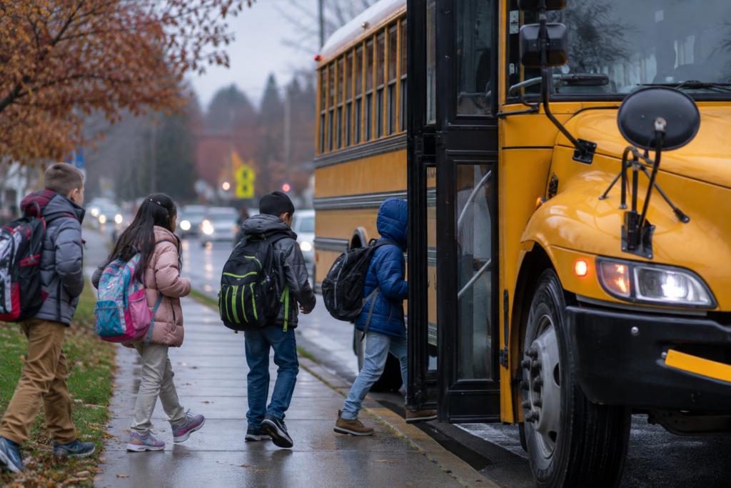 Crianças com mochilas embarcando em um ônibus escolar em uma manhã chuvosa de outono, representando a rotina do ano letivo nas escolas públicas de Washington.