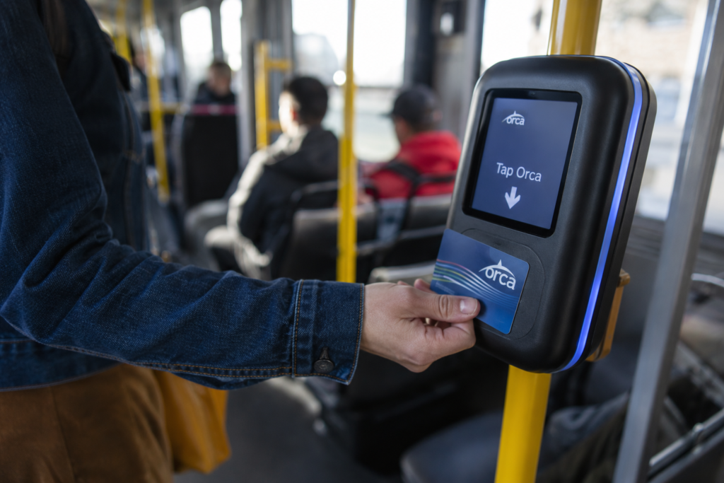 Mão aproximando um cartão ORCA do leitor de tarifas dentro de um veículo de transporte público na região de Puget Sound.