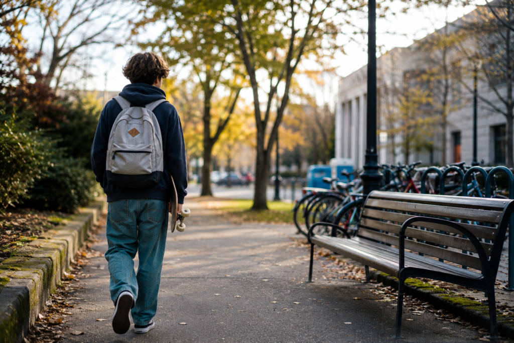 Jovem com mochila e skate caminhando por uma área urbana arborizada no estado de Washington.