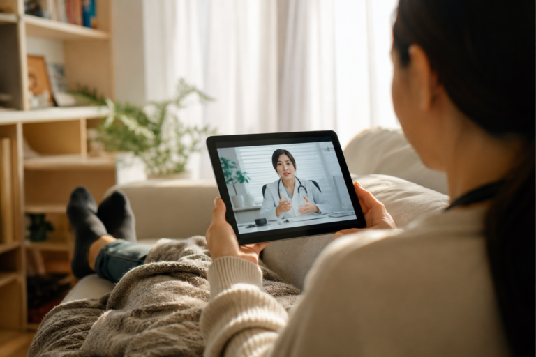 Pessoa participando de uma consulta médica por telemedicina em um tablet, em casa.