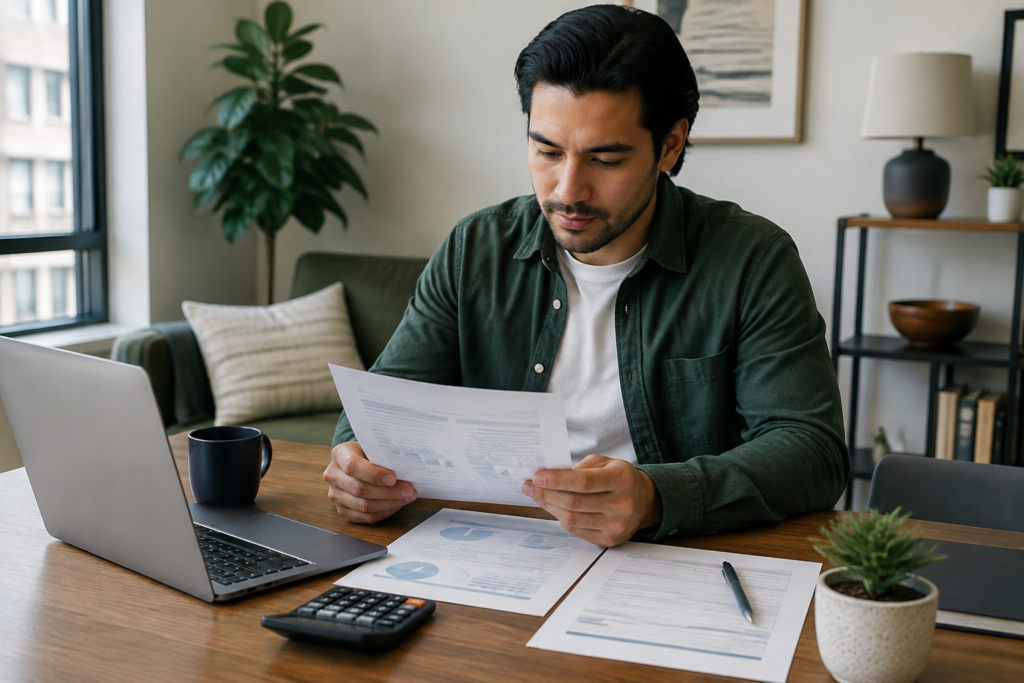 Homem analisa documentos financeiros ao lado de um laptop e uma calculadora durante uma verificação de crédito para aluguel.