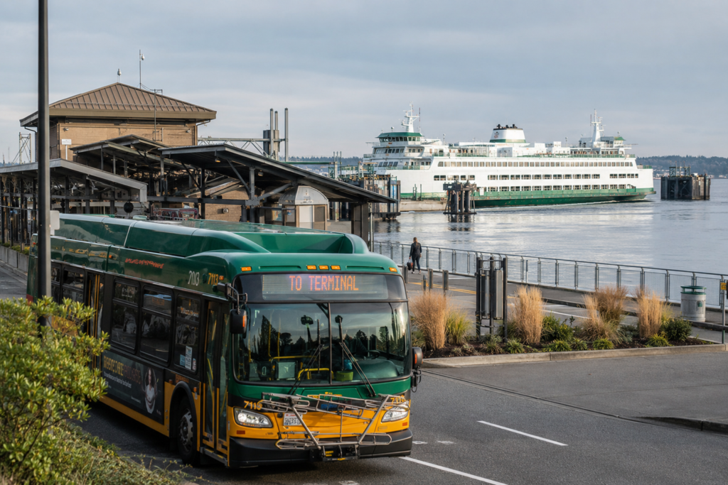 Agências de transporte público operando de forma integrada em um terminal à beira da água no Puget Sound.