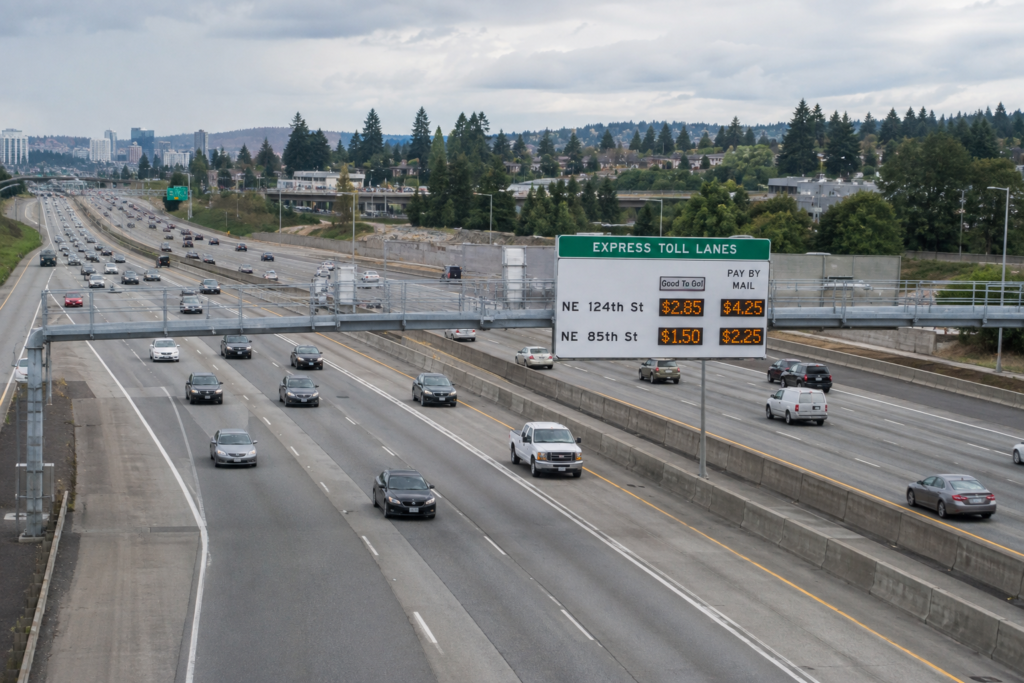 Rodovia no estado de Washington com faixas expressas pedagiadas, tráfego em circulação e painel eletrônico indicando os valores do pedágio.
