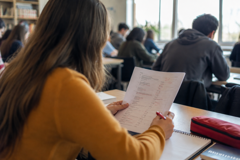 Aluna observando uma atividade corrigida enquanto outros estudantes trabalham em uma sala de aula.