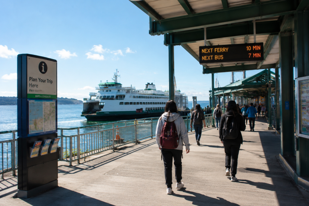 Passageiros caminhando por um terminal de transporte à beira d’água na região de Puget Sound.