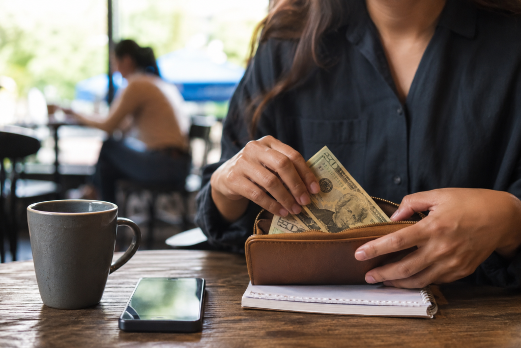 Pessoa organizando dinheiro recebido durante uma pausa em um café, representando o dia de pagamento de um trabalhador nos Estados Unidos.