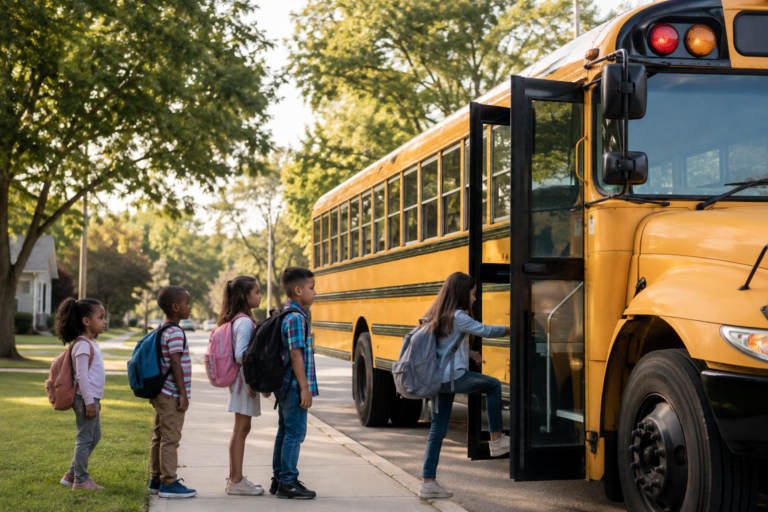Distrito escolar nos Estados Unidos com ônibus escolar embarcando alunos em um bairro residencial.