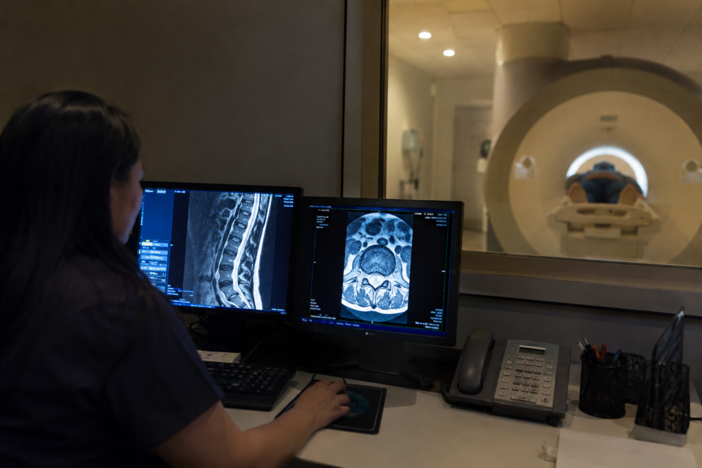 Técnica acompanha um exame de ressonância magnética a partir da sala de controle de um centro de diagnóstico por imagem.