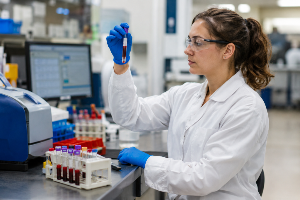 Profissional de laboratório analisa uma amostra de sangue em um laboratório clínico nos Estados Unidos.