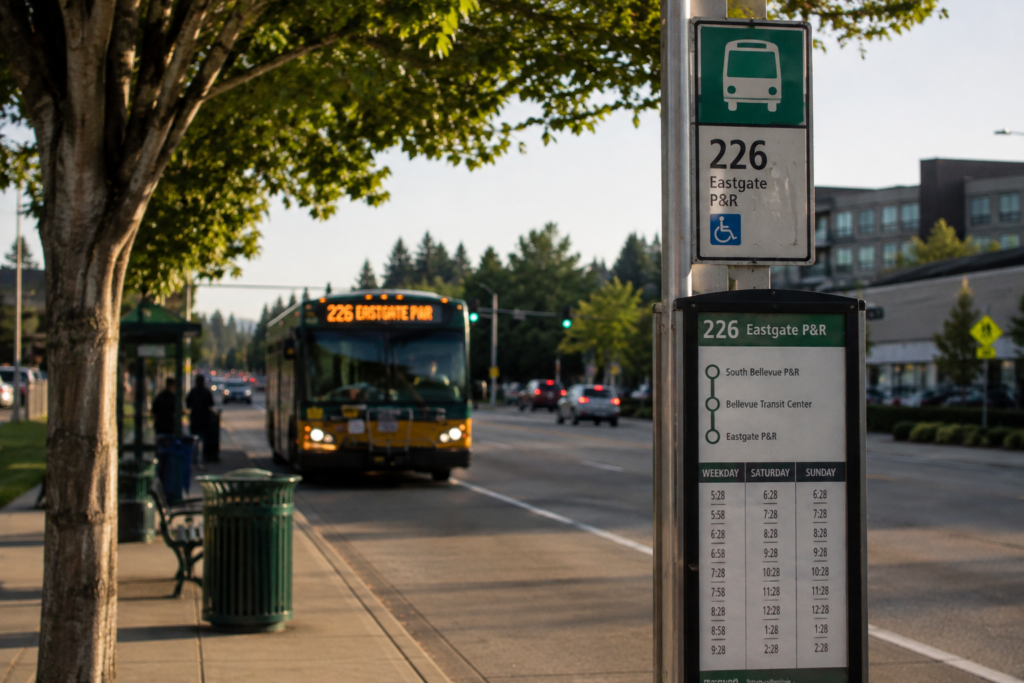 Ponto de ônibus em uma rua arborizada, com informações da rota em primeiro plano e um ônibus se aproximando ao fundo.