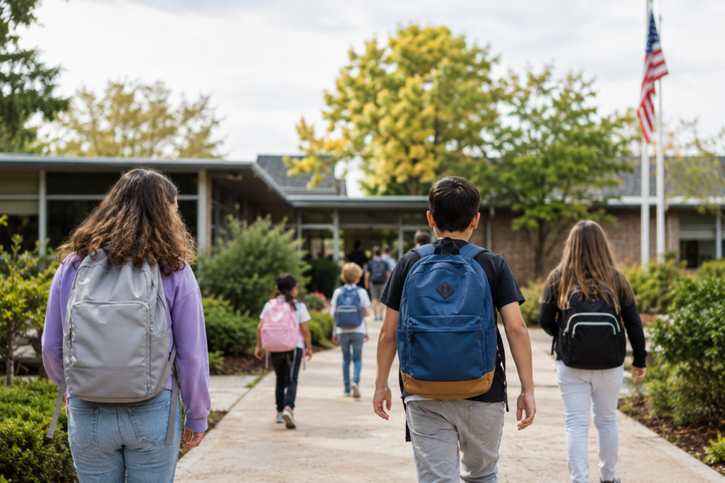 Estudantes caminhando em direção à entrada de uma escola pública nos Estados Unidos com mochilas nas costas.