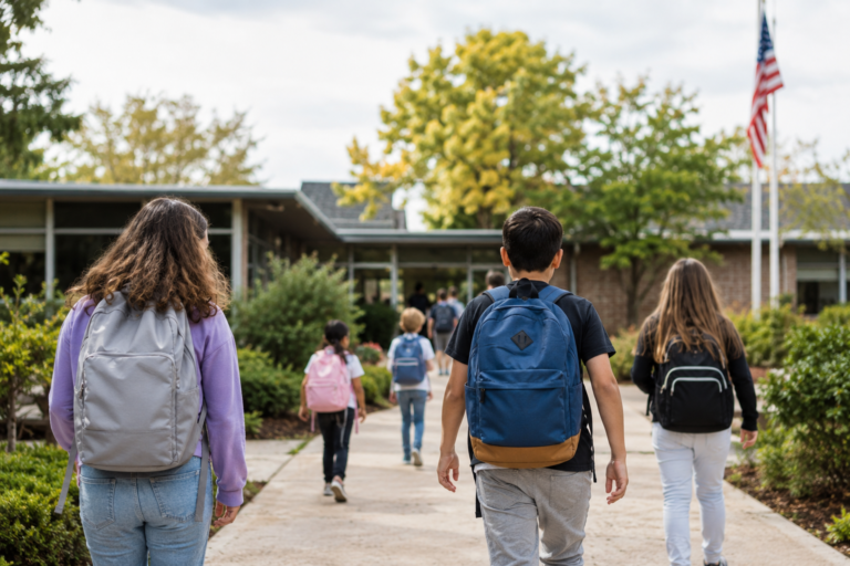 Estudantes caminhando em direção à entrada de uma escola pública nos Estados Unidos com mochilas nas costas.