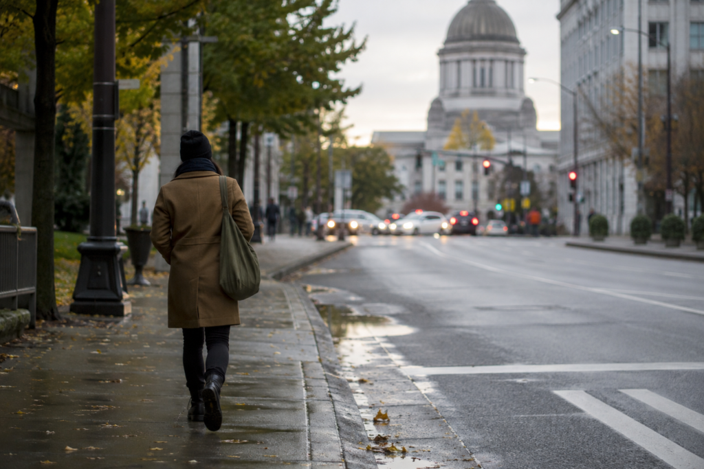 Pessoa caminhando em direção a um prédio público no estado de Washington em uma rua urbana durante um dia nublado.