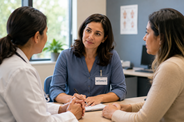 Intérprete auxiliando na comunicação entre uma paciente e uma médica durante uma consulta.