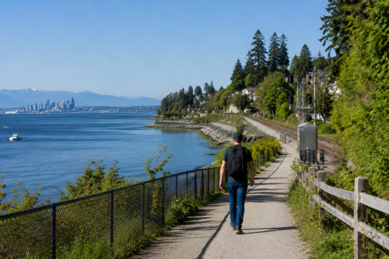 Viajante com mochila caminha por uma rota à beira do Puget Sound, com trilhos ferroviários próximos e uma área urbana visível ao longe.